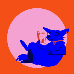 Orange grafik af en hund som sidder og læser en bog. Grafikken tilhører en artikel der omhandler gode bøger med hunde i, som man kan læse om sommeren
