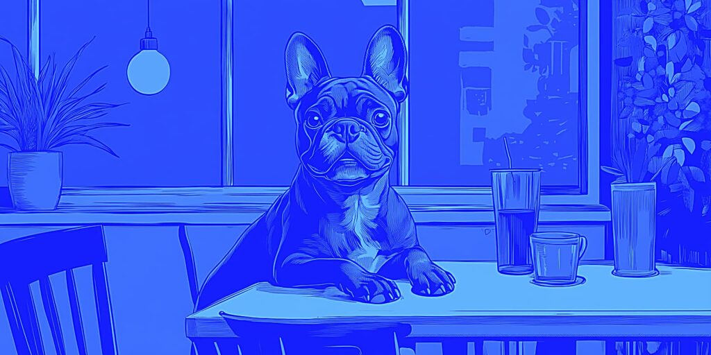 Blå illustration af fransk bulldog sidder ved bord på en café.