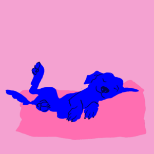Illustration af en hund der ligger tilfreds og slapper af i en hundekurv