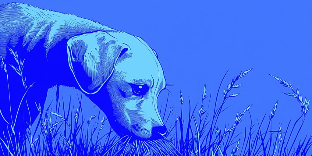 Blå illustration af hund som spiser græs.