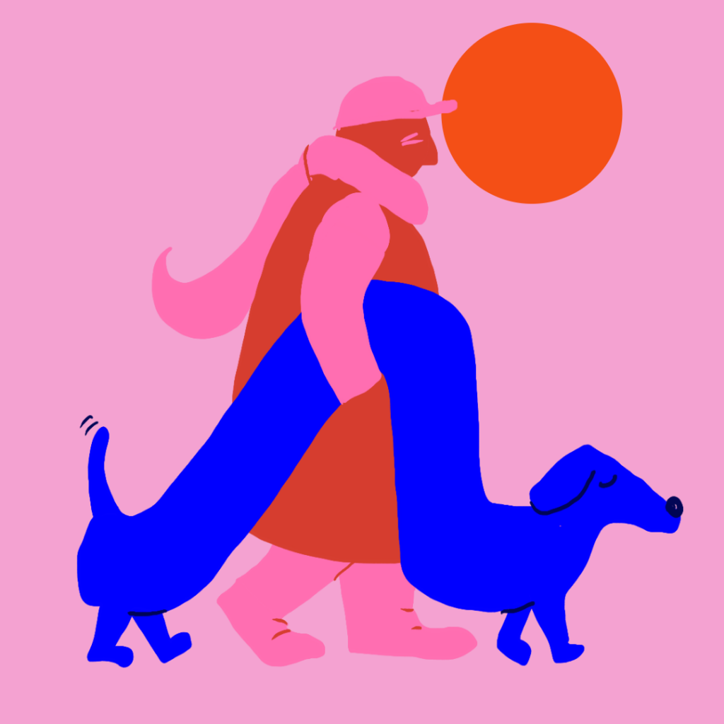 Illustration af en hundeejer som er ude og gå tur med sin hund