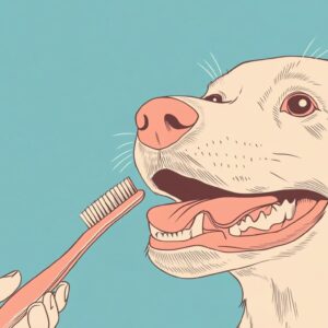 Blå illustration af hund som får børstet tænder.