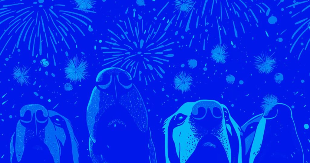 En grafik af en masse snuder der lugter op i mod himlen med en masse fyrværkeri i baggrunden nytårsaften.