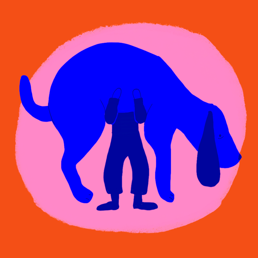 Grafik af en hund der løftes og og mærkes på maven. Dette gøres for at træne håndtering af hunden og gøre det lettere at gå til dyrelægen med sin hund.