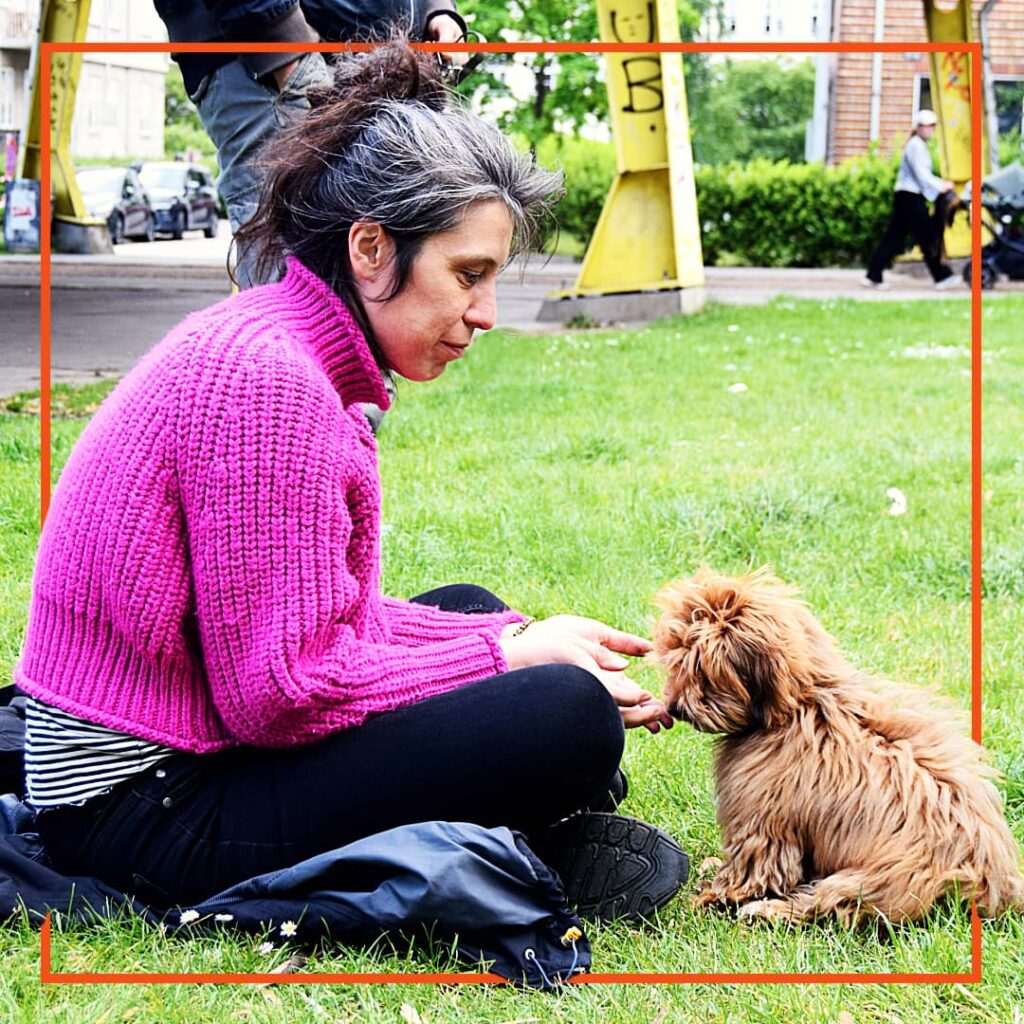 En kvinde i pink striktrøje sidder på græsset og træner hundetræning med sin lille brune hundehvalp. Hunden sidder roligt foran hende og tager imod godbidder, mens hun fokuseret holder øjenkontakt. Fotoet er taget under en træningssession i Klub Hund, hvor positiv forstærkning og nærvær er i centrum.