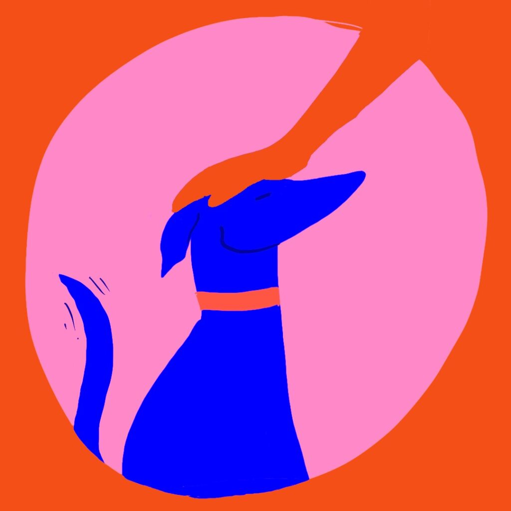 Grafik af en hund som bliver klappet på hovedet og træner med positiv forstærkning. Hunden bliver rost og logrer med halen, da den er glad.