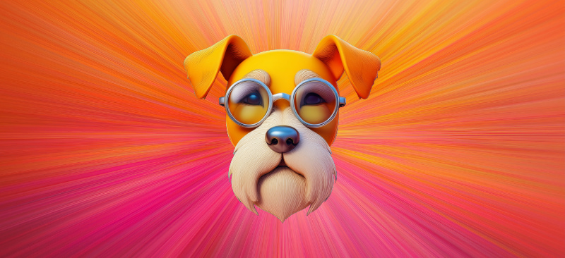 Emoji af en senior hund med briller mod en organge og pink baggrund.