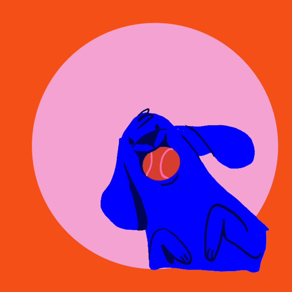 Illustration af en glad hund som ligger på ryggen med en boldt i munden