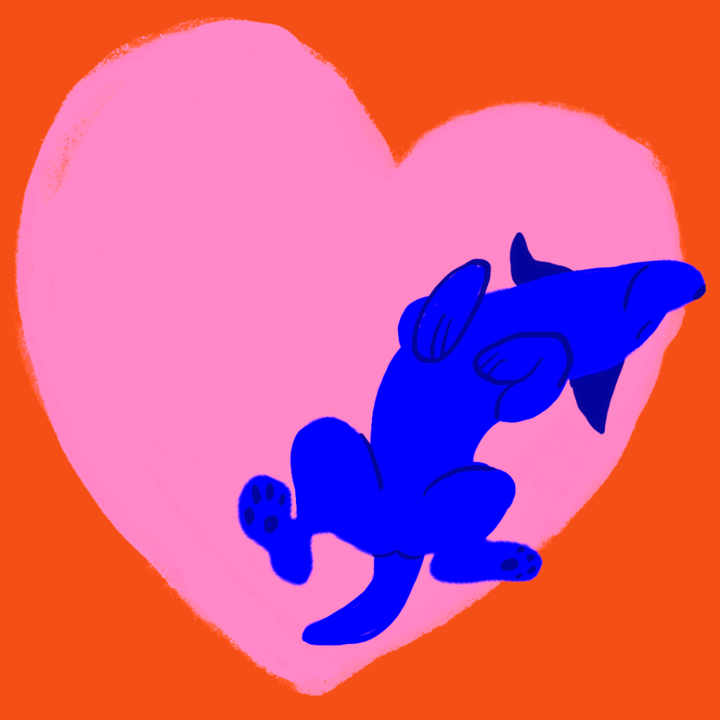 Grafik af en hund der ligger på ryggen og viser sin mave. Der er et hjerte i baggrunden. Det er f.eks. ved at nusse sin hund på maven at man kan vise kærlighed til sin hund.