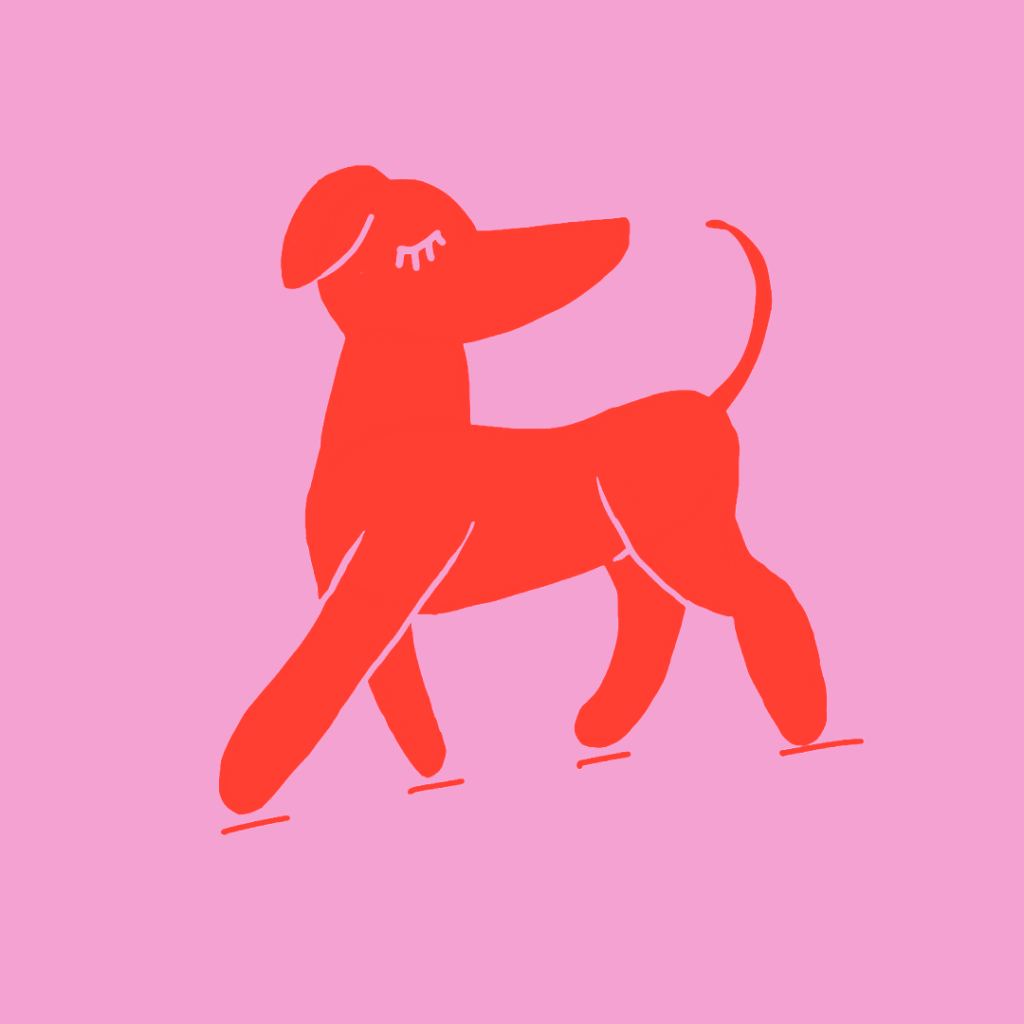 Grafik af en glad hund som er ude og gå en tur. Det er til en artikel om hvor meget mad en hund bør spise for at holde sig sund.