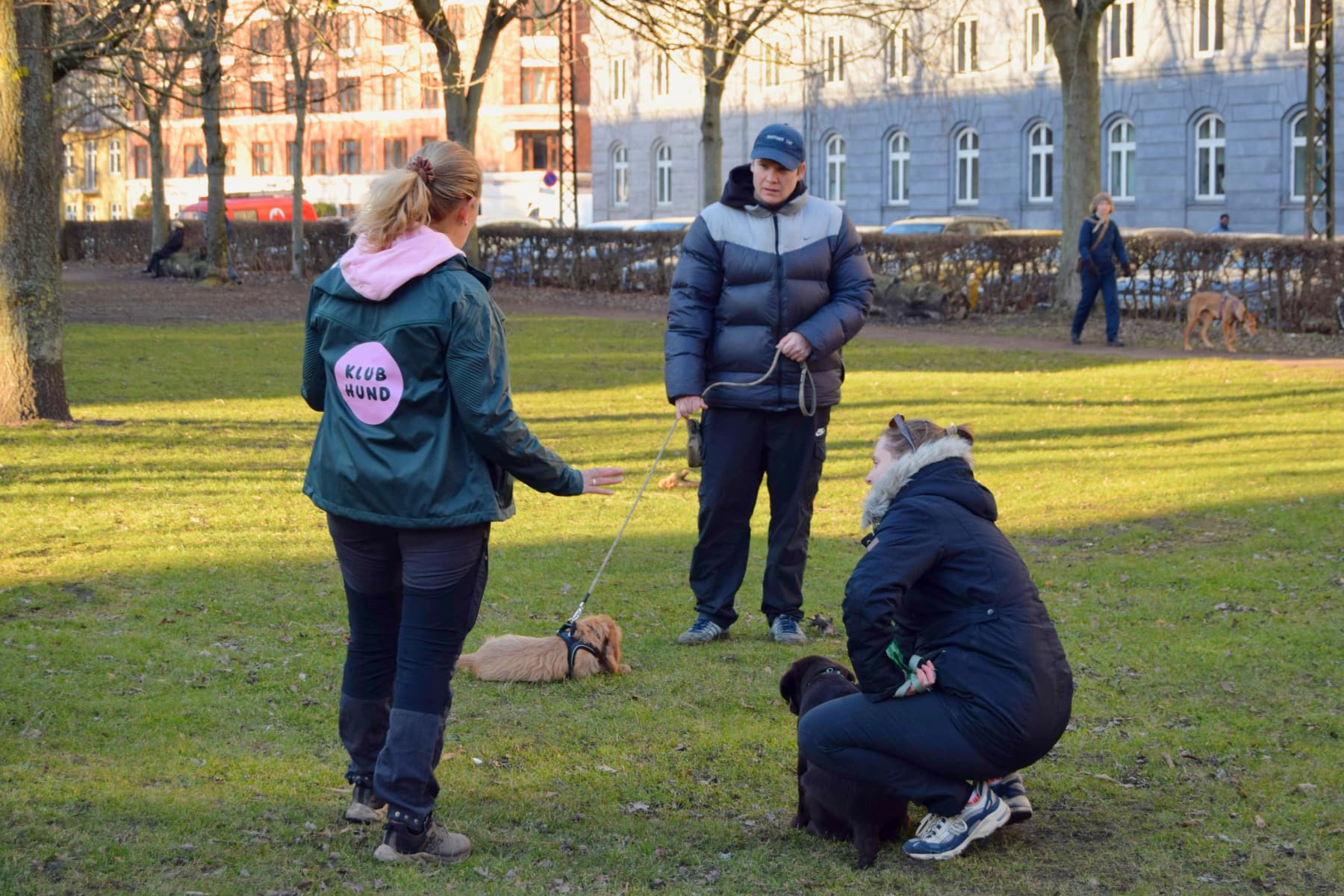 Hundetræner Ulla fra klub hund stå og underviser nogle deltager på et hvalpehold hos klub hund