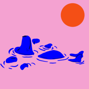 Illustration af hund som ligger i vandet og nyder den varme sommersol
