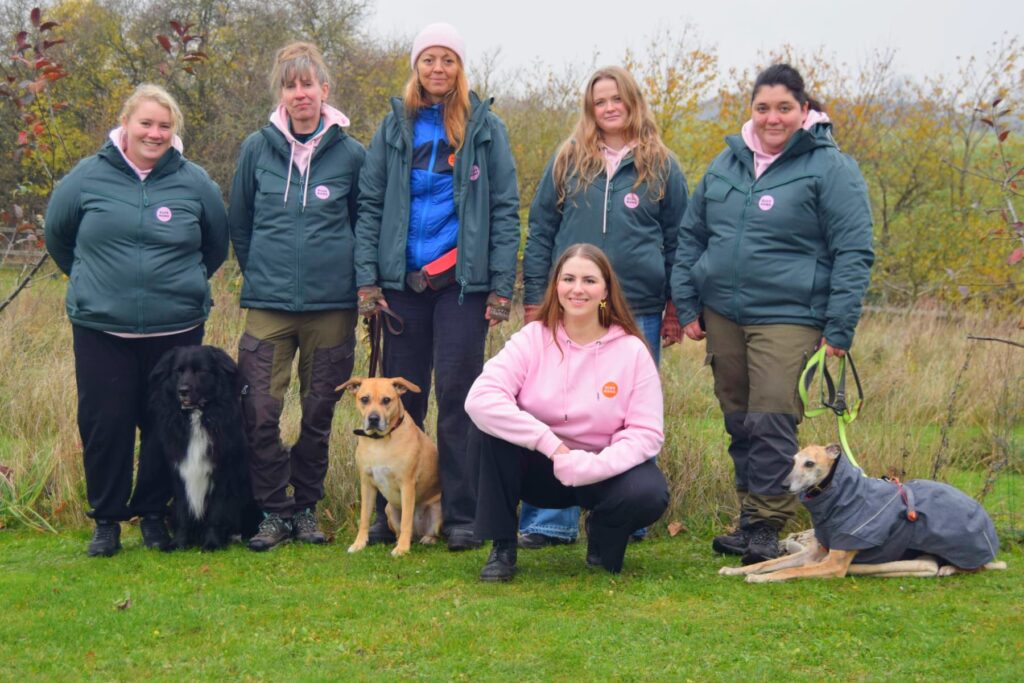 Billede af alle hundetrænerne og medarbejderne i klub hund sammen med deres hunde